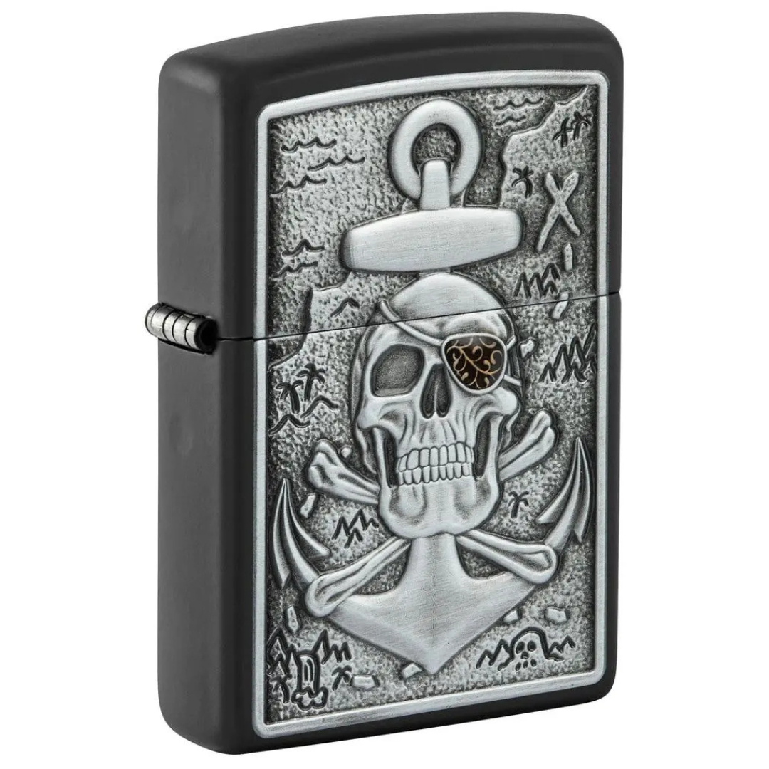 Bật Lửa Zippo In Hình Đầu Lâu Mỏ Neo Nổi Skull Anchor Emblem Design Chính Hãng Mỹ - Thiết Kế 3D Nổi, Sơn Đen Nhám, Chống Gió, Phong Cách Bụi Bặm