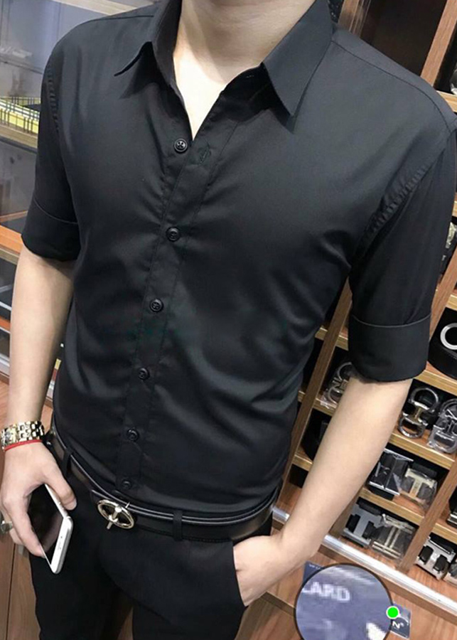 Áo Sơ Mi Nam Màu Đen Cổ Bẻ Dáng Ôm DENBE04