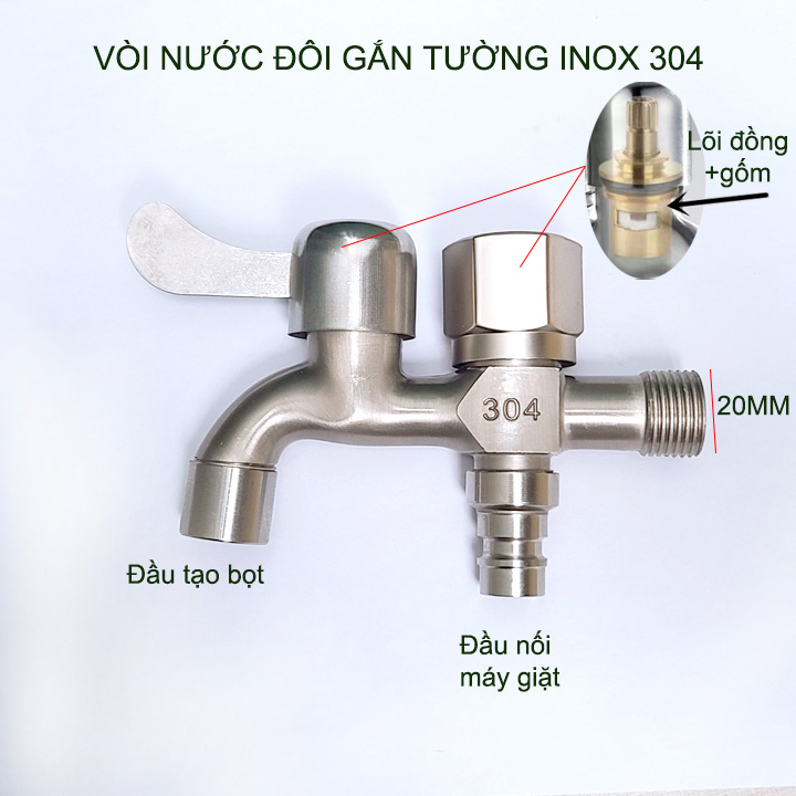 Vòi nước đôi bằng inox 304 gắn tường G03B với 01 đầu vào 2 đầu ra