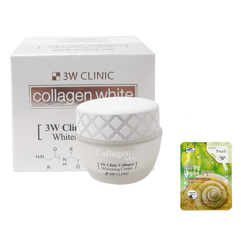 Kem 3W Clinic COLLAGEN WHITE Dưỡng Trắng Da 60ml KOREA + Tặng Mask 3W SNAIL MUCUS MASK SHEET