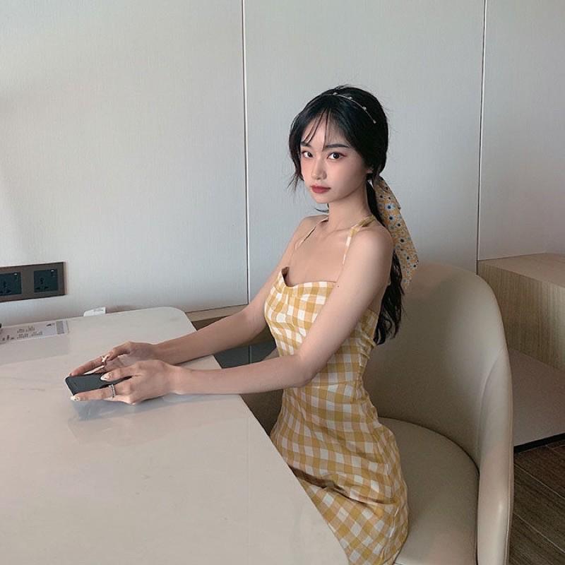 Đầm suông caro cúp ngực buộc nơ cổ summer 2021