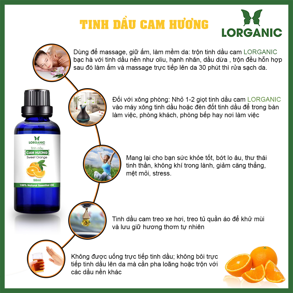 Combo tinh dầu cam hương Lorganic +tinh dầu cam hương Lorganic treo xe hơi, tủ áo