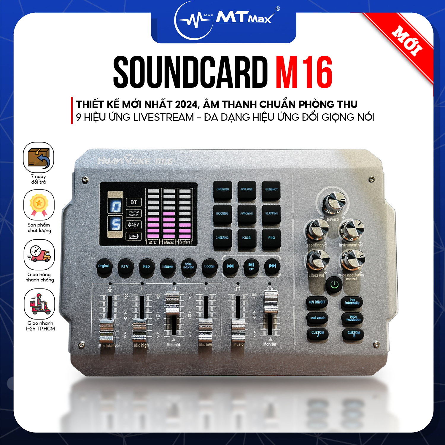 SoundCard M16 - Thu Âm Livestream Tại Nhà Dễ Dàng, Bluetooth 5.0, Có Nguồn Micro 48V, 9 Hiệu Ứng Âm Thanh, Thay Đổi Giọng Nói, Điều Chỉnh Bass Mid Treble, Hàng Nhập Khẩu