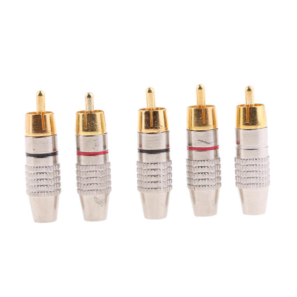 2X 5X RCA Plug Male Solderless Gold Plated Audio Video Adapter Connector