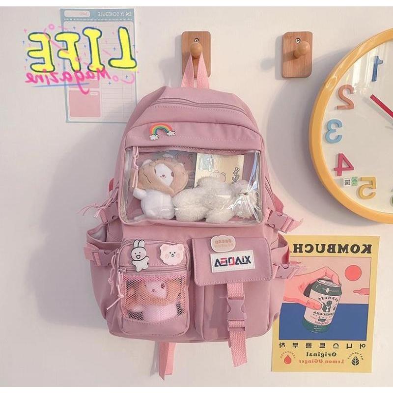 Balo Ulzzang Hàn Quốc học sinh đi học đi chơi ngăn Mica trong suốt phối lưới đi học thời trang Cặp- Balo sinh viên học sinh đa năng mèo đọc sách cute
