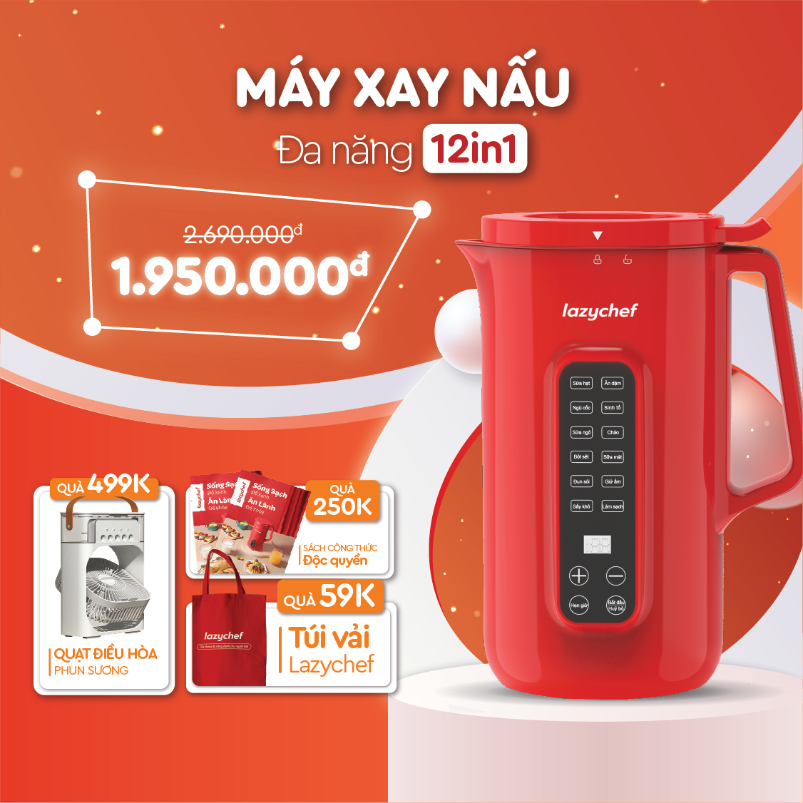 Máy Làm Sữa Hạt 12in1 Lazychef - Máy Xay Nấu Đa Năng Lazychef Sấy Khô Tự Động, 10 Lưỡi Dao Kép, Dung Tích 1000ml