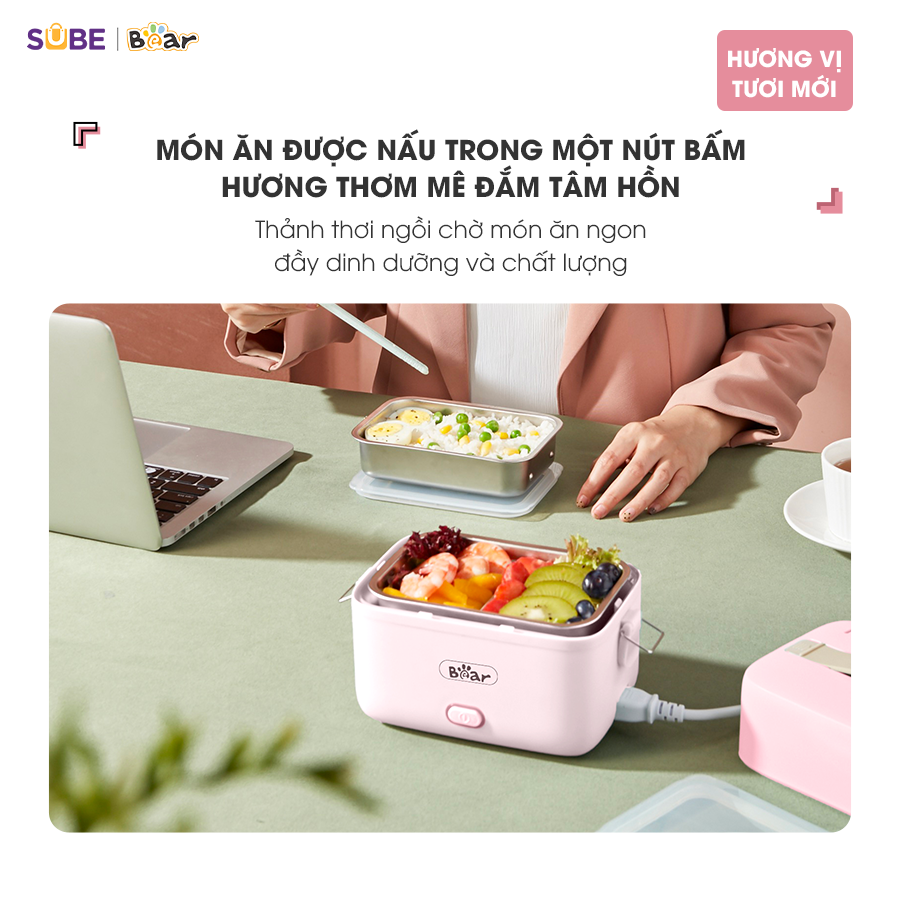 Hộp Cơm Cắm Điện Bear 2 Tầng 3 Ngăn Hâm Nóng Cực Nhanh Inox 304 An Toàn Giữ Nhiệt Chống Trào 1,2L SB-HC12L - Hàng Chính Hãng