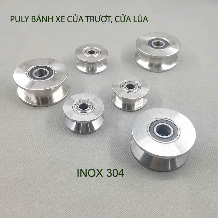 01 Bánh xe cho cửa cổng trượt, cửa lùa bằng inox 304, loại 22x68mm, Hình U, V, H tùy chọn