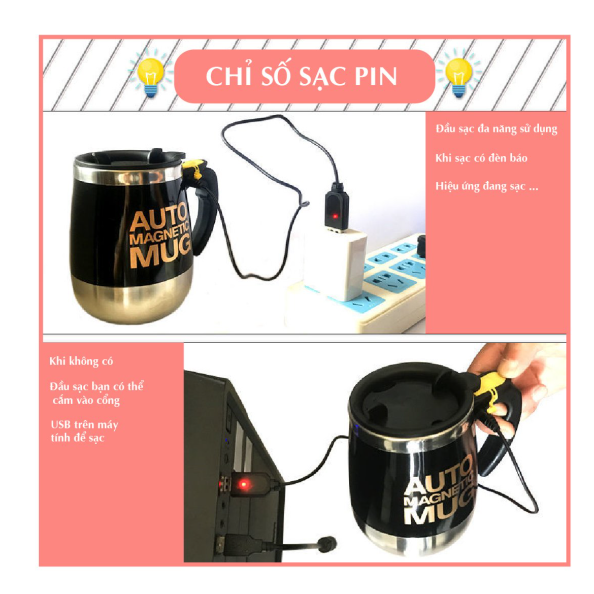 Ly tự khuấy Sạc điện, Cốc pha cafe tự trộn bằng Inox dung tích 400ml