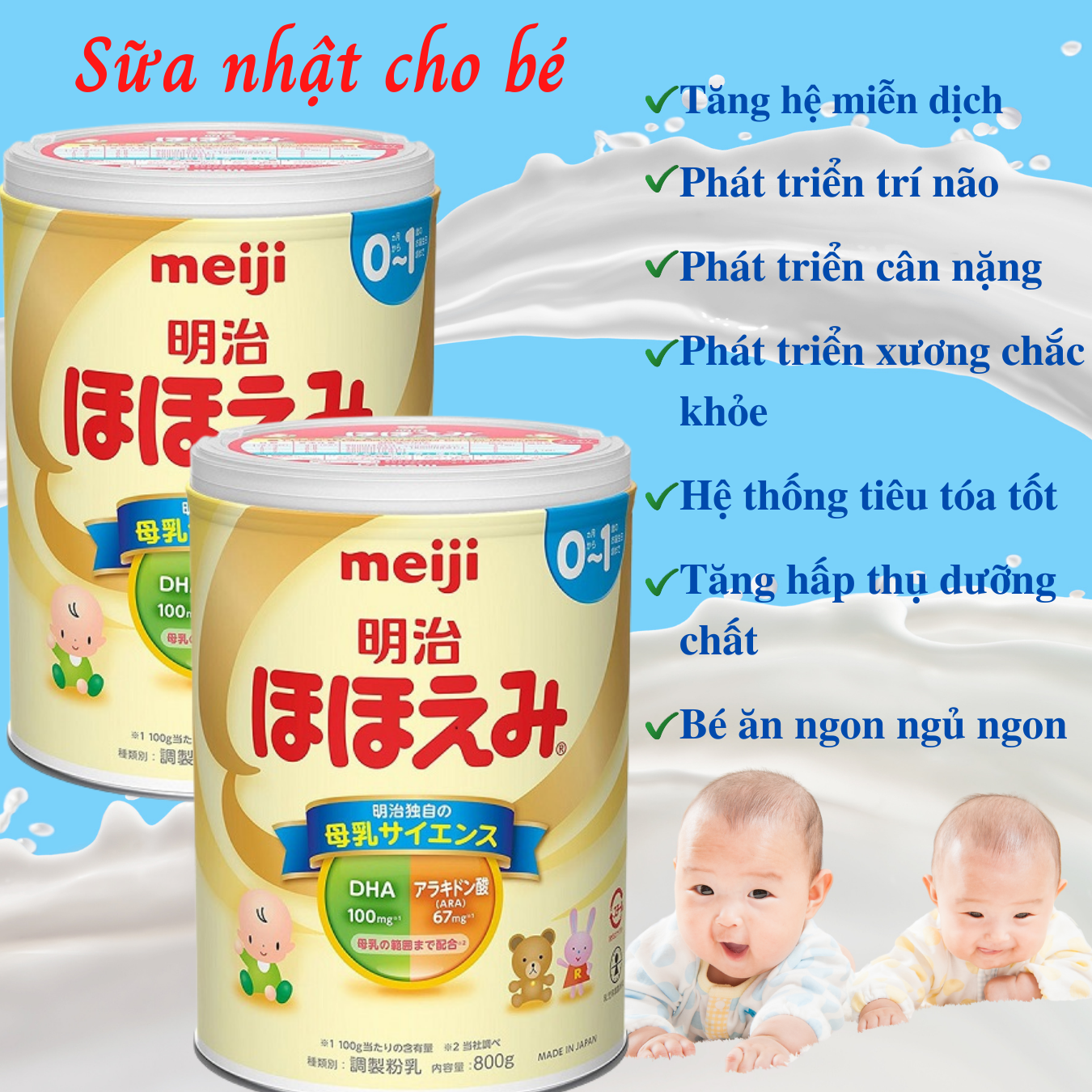 Sữa Nhật Cho Bé Tăng Cân Từ 0 Đến 1 Tuổi Meiji Hỗ Trợ Tăng Hệ Miễn Dịch, Tạo Hệ Tiêu Hóa Tốt Hấp Thụ Dưỡng Chất Hiệu Quả Giúp Bé Phát Triển Cân Đối Nhất Cả Về Chiều Cao, Cân Nặng, Trí Não - 2 Hộp