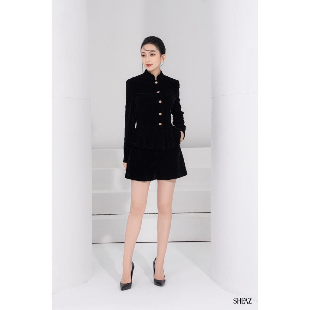 SHEAZ Áo vest blazer nhung đen thu đông cúc đồng dáng peplum