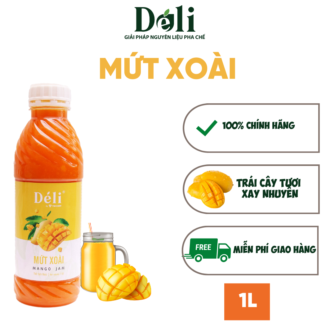 Mứt Déli Vị Xoài - Chai 1L, Hàng Chính Hãng, Dùng Pha Chế Trà Trái Cây, Đá Bào
