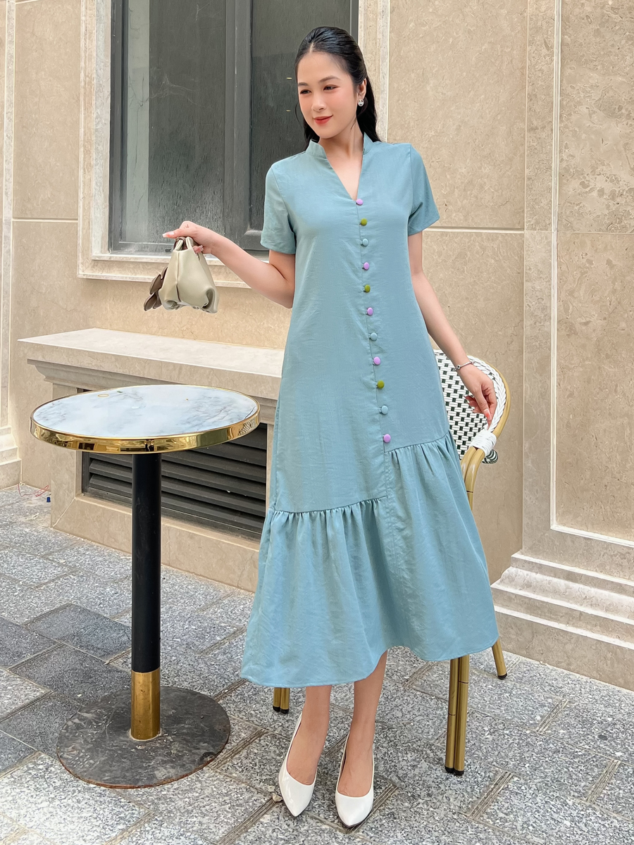 [HCM] Đầm Linnen thun cổ trụ phối nút duyên dáng cho nữ AD088 - KHANH LINH STYLE