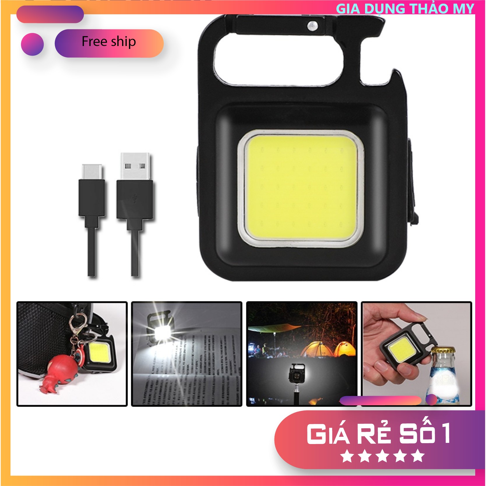 Đèn LED Mini Móc Khóa - Đèn Pin COB - Đèn Pin Dã Ngoại - Sạc USB Tiện Dụng- Kiêm hộp quẹt