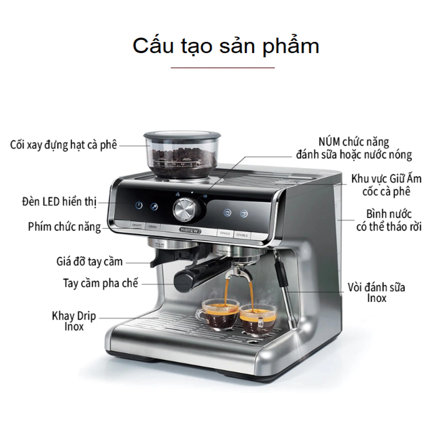 Máy pha cà phê Espresso chuyên nghiệp 3 trong 1 thương hiệu cao cấp HiBREW CM5020 áp suất 20 bar - Hàng Nhập Khẩu