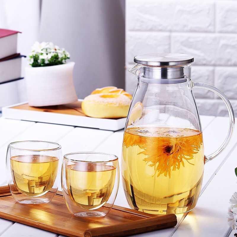 Bình nước thủy tinh chịu nhiệt, Bình dáng Bầu 1.6L , cốc thủy tinh 2 lớp 250ml
