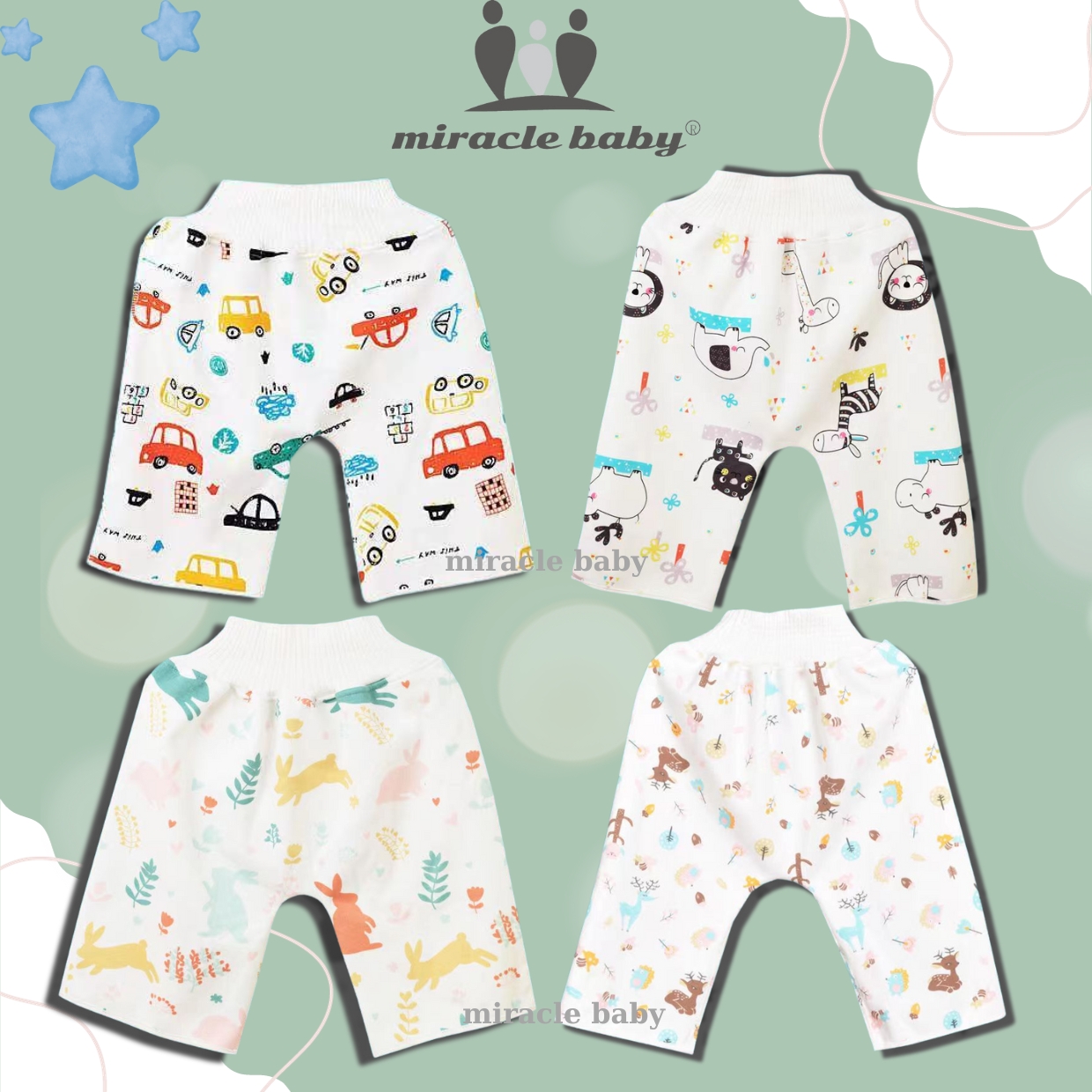 Quần bỏ tả Miraclebaby tập đi vệ sinh bằng vải dành cho bé thấm hút nước tốt, chống tràn AUPP phu hợp với bé từ 6-12 tháng