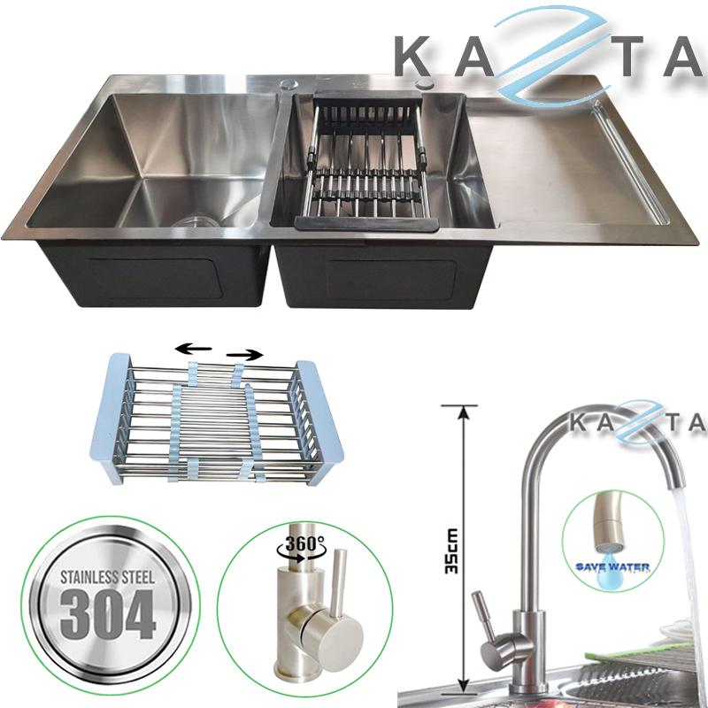 Combo chậu rửa bát inox tiện lợi KAZTA KZ-CB10048AV kèm vòi chén nóng lạnh, bình nhả xà bông, kệ gia vị treo tường