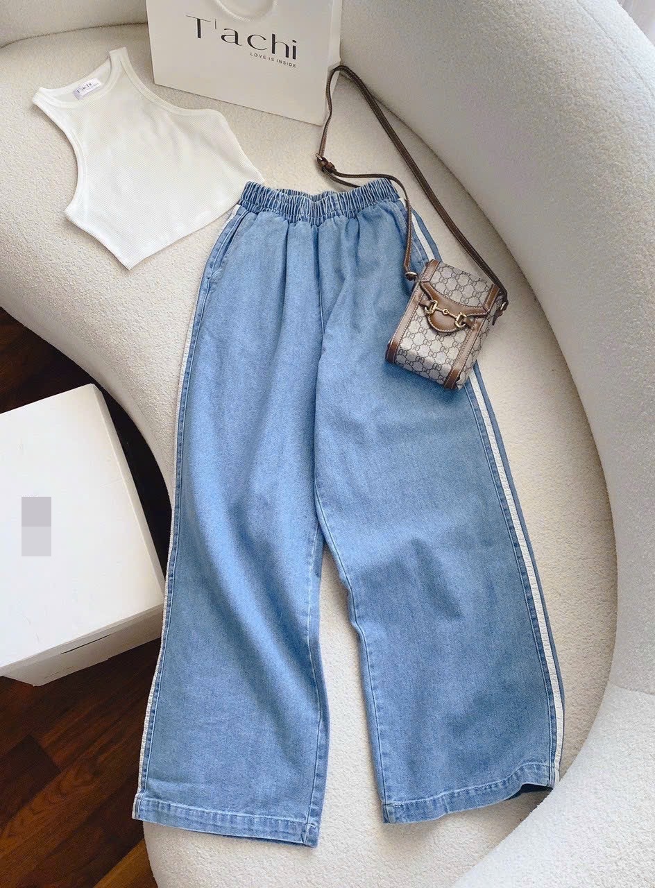 SET QUẦN JEANS ỐNG RỘNG LƯNG THUN CAO DÀI DENIM + ÁO THUN 3 LỖ TRẮNG TRƠN CƠ BẢN BASIC DẠO PHỐ ĐI CHƠI ĐI BIỂN ĐI TIỆC