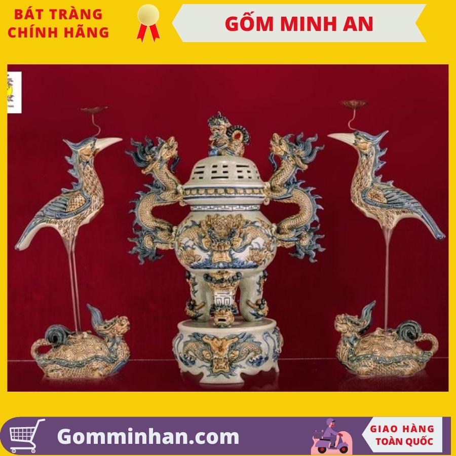 Bộ Đỉnh Hạc Thờ Sứ Bộ Tam Sự Sứ Men Rạn Đắp Nổi Cao Cấp-Nghệ Nhân Phạm Đạt Bát Tràng- Gốm Minh An