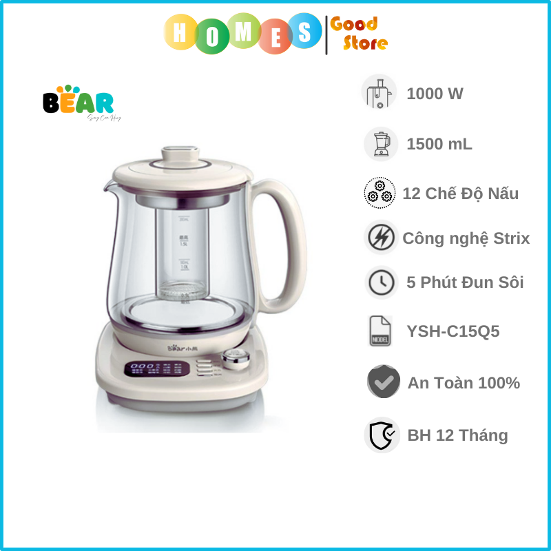 Bình Đun Nước, Pha Sữa, Pha Trà Thông Minh BEAR YSH-C15Q5,  Dung Tích 1.5L, Công Suất 1000W - Hàng Chính Hãng