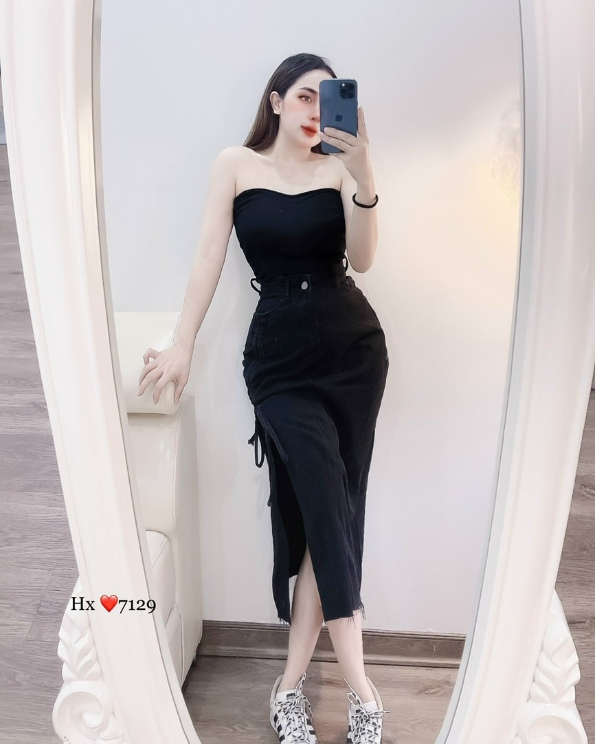 Chân váy jean ôm dáng dài rút dây đẹp Loanboutique3752