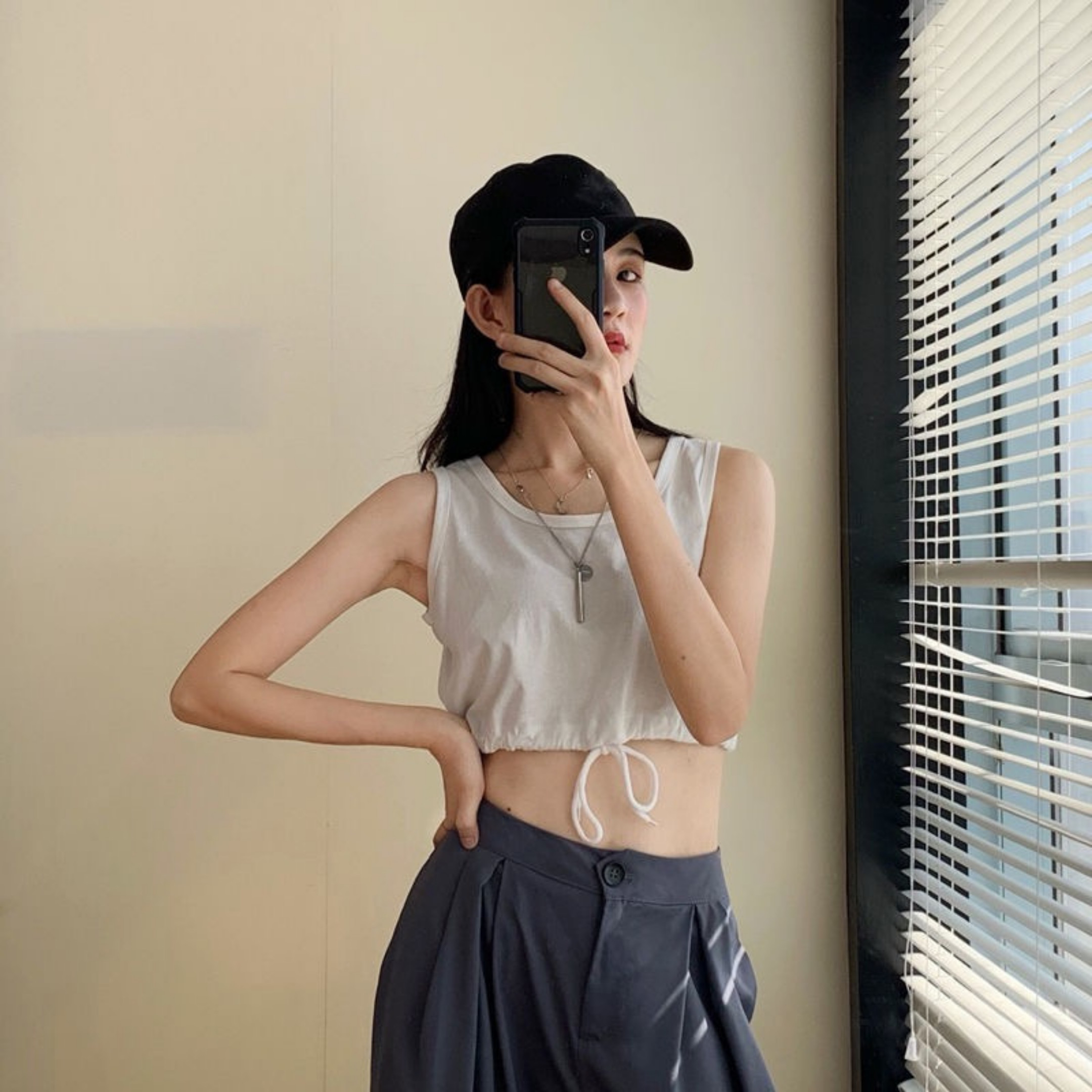 Áo Thun Croptop Ba Lỗ Rút Eo BASIC Thể Thao, Năng Động