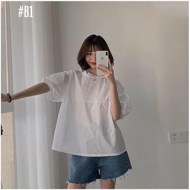 Áo babydoll xếp ly - áo sơ mi trắng cộc tay