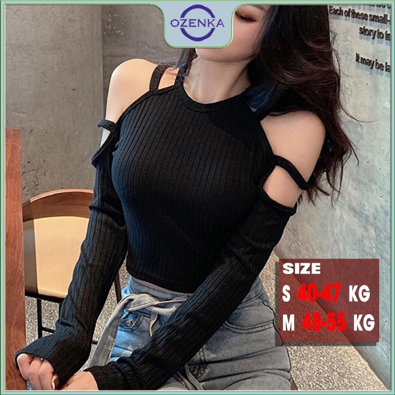 Áo croptop nữ trễ vai tay dài ôm body gợi cảm OZENKA , crt kiểu hàn quốc màu đen trắng dưới 55 kg