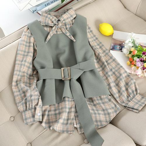 Neploe Retro Kẻ Sọc Đơn Ngực Rời Đáy Áo Sơ Mi + Slim Dây Lưng Woolden Áo Vest Thanh Lịch 2 Nữ bộ 2021 New 46998