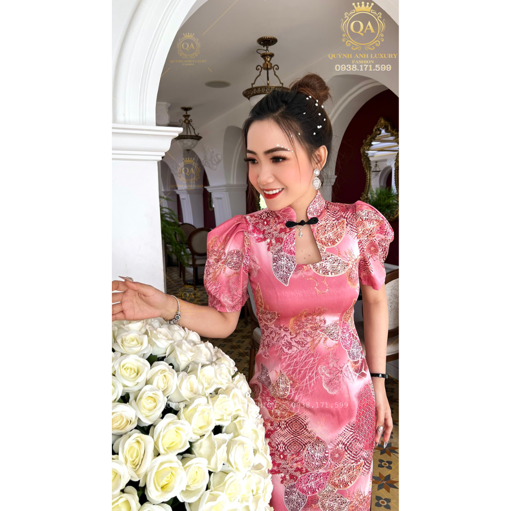 Sườn Xám Cổ Tàu Trung Hoa Lụa Ánh Kim Tone Hồng Sang Trọng Mia Dress