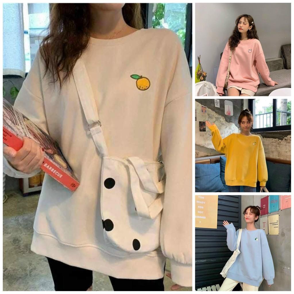 Áo Sweater Nỉ Bông Tay Dài Màu Trơn Logo Trái Cây Thêu Siêu Cute