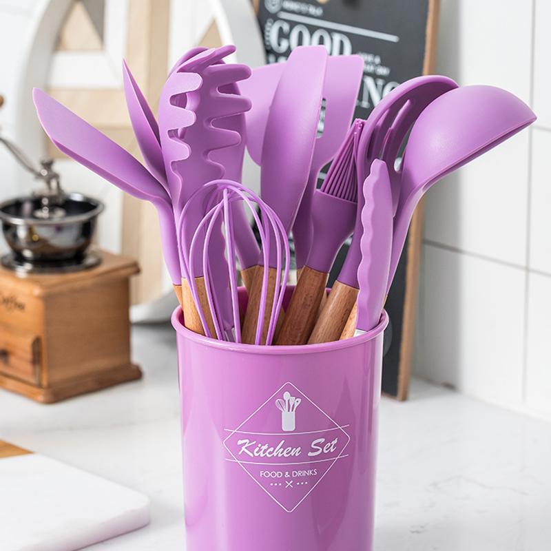 Mới Màu Tím Lưu Trữ Xô Silicone Bộ Đồ Dùng Nhà Bếp Tay Cầm Bằng Gỗ Không Dính Thìa Đũa Dụng Cụ Nhà Bếp Nấu Ăn Dụng Cụ Hộ Gia Đình