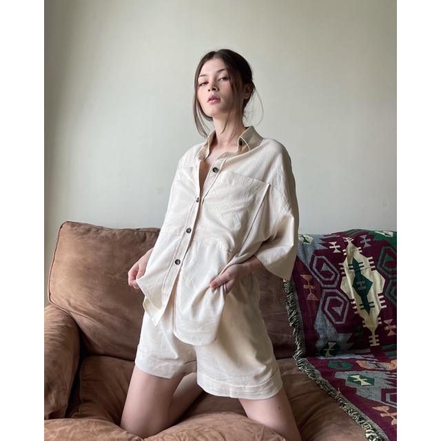 OLALASTUDIO Set áo sơmi tay ngắn quần đùi có túi Devina linen