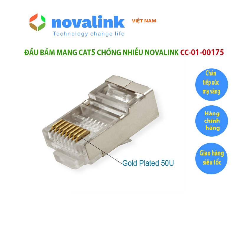 Đầu bấm mạng RJ45 cat5 chống nhiễu Nova CC-01-00175, Chân cắm mạ vàng 50U, vỏ bọc kim chống nhiễu - Hàng chính hãng