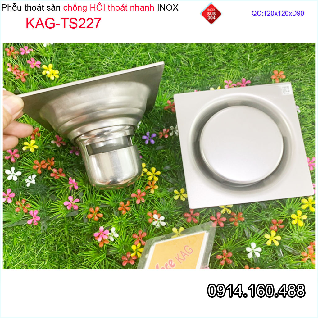 Thoát sàn ban công KAG-TS227 vuông 12x12cm ống D90, thoát sàn vách tắm đứng chống hôi phễu thu nước sang trọng sử dụng tốt