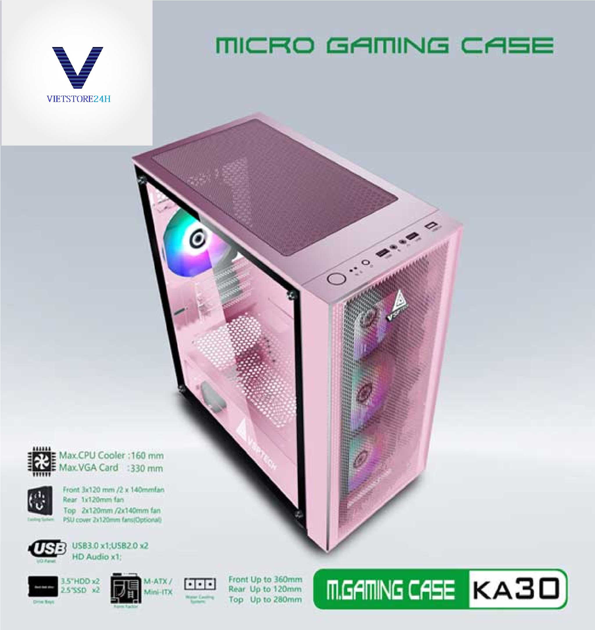 Case Gaming VSP KA30 Mini Tower (Hồng) - Hàng chính hãng