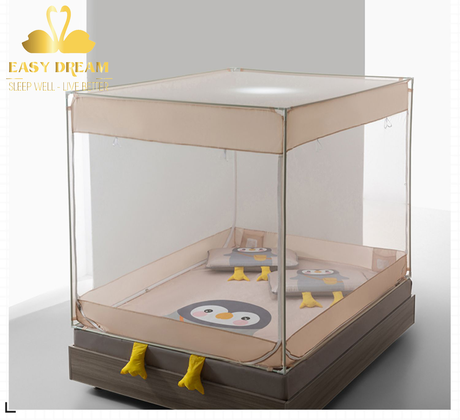 Màn khung vuông cao cấp EASY DREAM  gồm chiếu điều hòa mát lạnh - Mùng vuông nằm dưới dệm trên giường , dưới sàn nhà không cần giường cũng sử dụng được chống muỗi