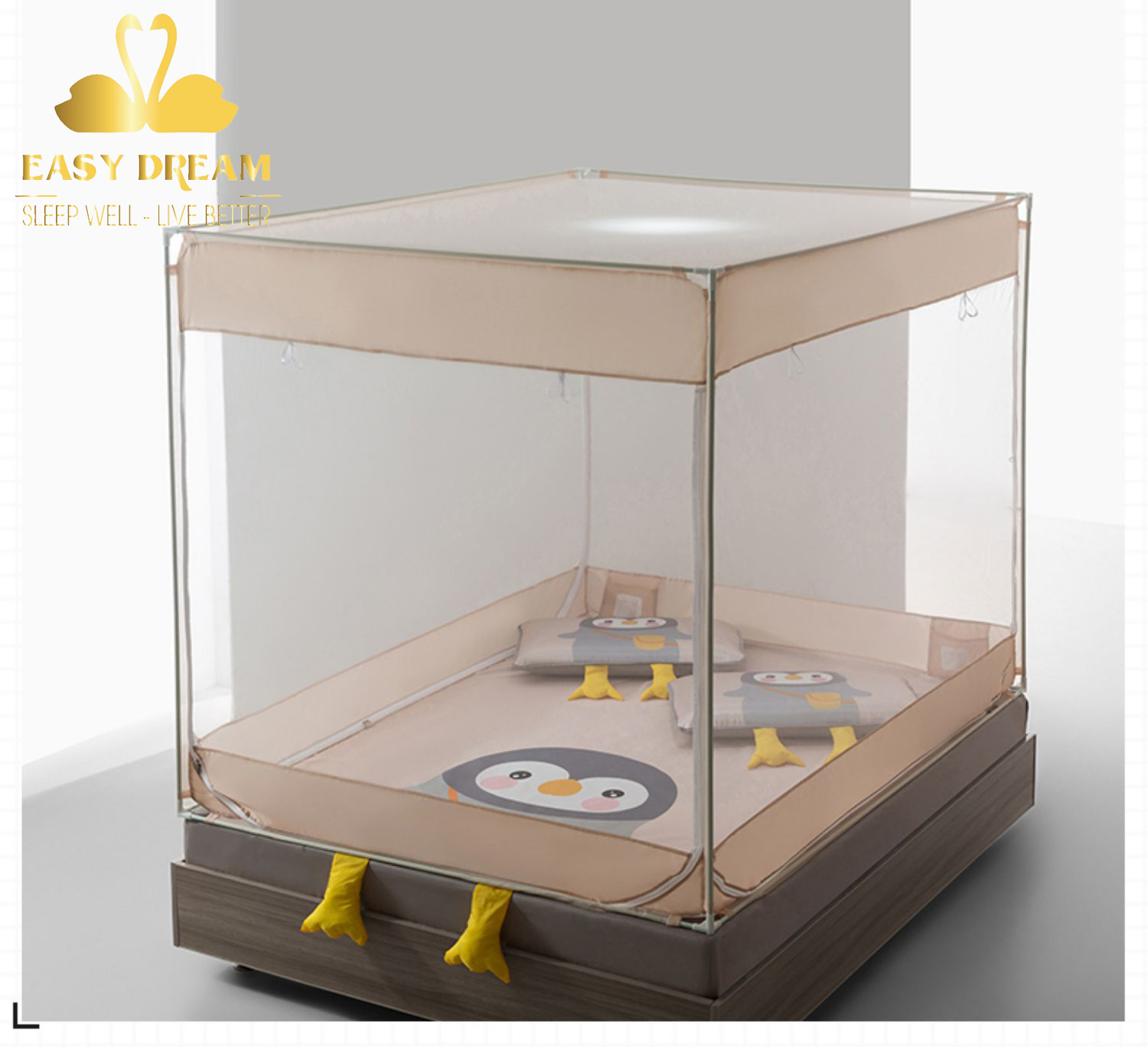 Màn khung vuông cao cấp EASY DREAM gồm chiếu điều hòa mát lạnh - Mùng vuông nằm dưới dệm trên giường , dưới sàn nhà không cần giường cũng sử dụng được chống muỗi