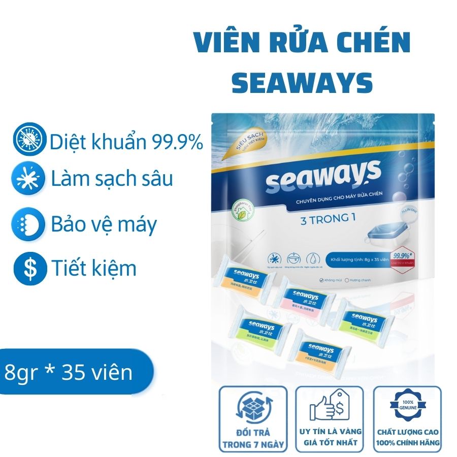 Viên rửa chén bát Seaways 3 trong 1 chuyên dụng cho mọi loại máy rửa chén, (35 viên x 8gr)/túi