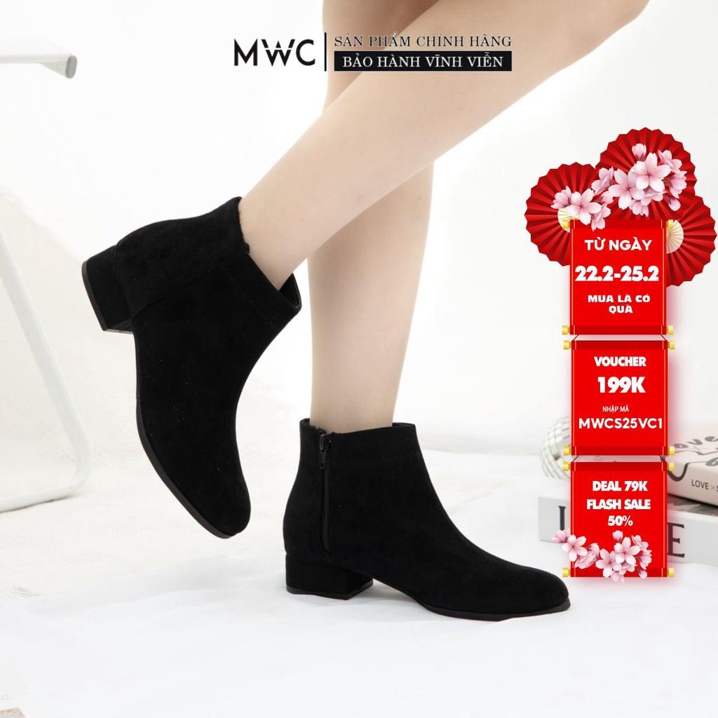 Giày Boots Nữ thời trang MWC Boots cổ thấp gót vuông 3p màu đen basic siêu HOT NUBO- 9104