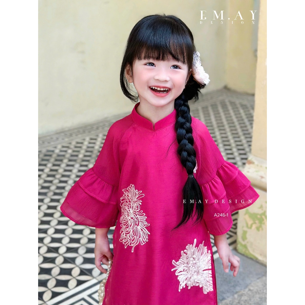 XẢ HÀNG LẺ SIZE Bộ Áo dài tết cho bé gái mẫu Hoa thêu xinh xắn màu đỏ hồng từ 12-40kg hàng thiết kế cao cấp