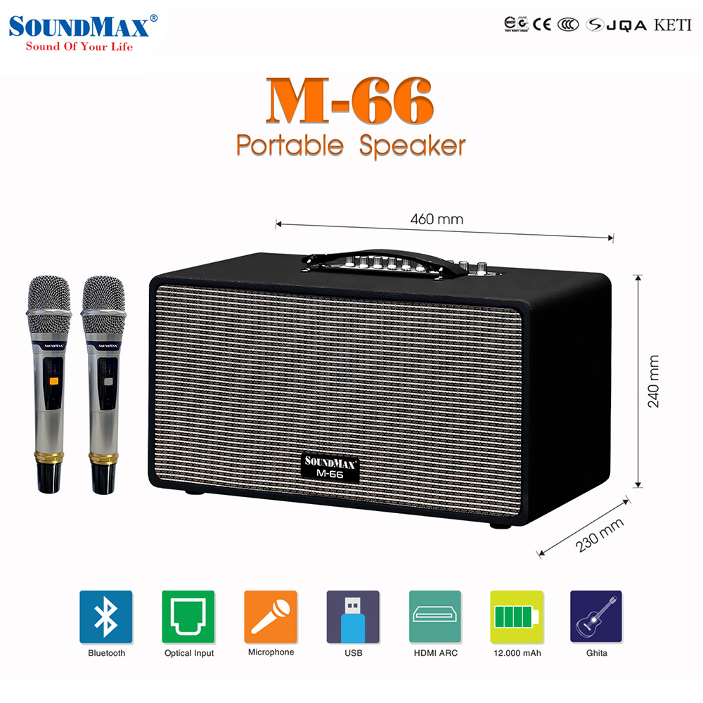 Loa karaoke xách tay SoundMax M-66 | Portable Karaoke Speaker SoundMax M66 | 3 Đường Tiếng, Bass 6.5 Inch, công suất thực 100W | Bluetooth, USB, HDMI, Optical, TRS, USB, Ngõ Vào Guitar | Pin 12000mAh, Thời Gian Sử Dụng 6 Giờ - Hàng Chính Hãng