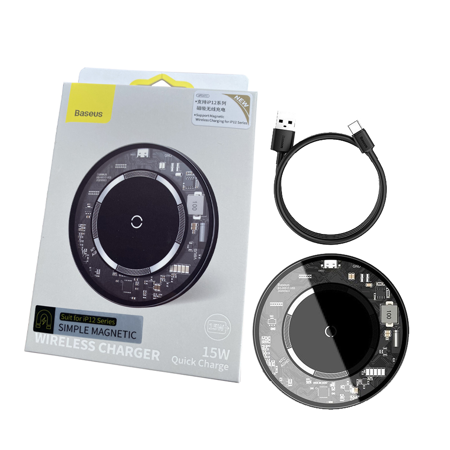 Đế sạc từ tính IP12, Đế sạc nam châm 15W, Đế sạc nhanh không dây siêu mỏng Baseus Simple Magnetic Wireless Charger 15W dùng cho iPhone / Samsung/ Huawei/ Xiaomi - Hàng chính hãng