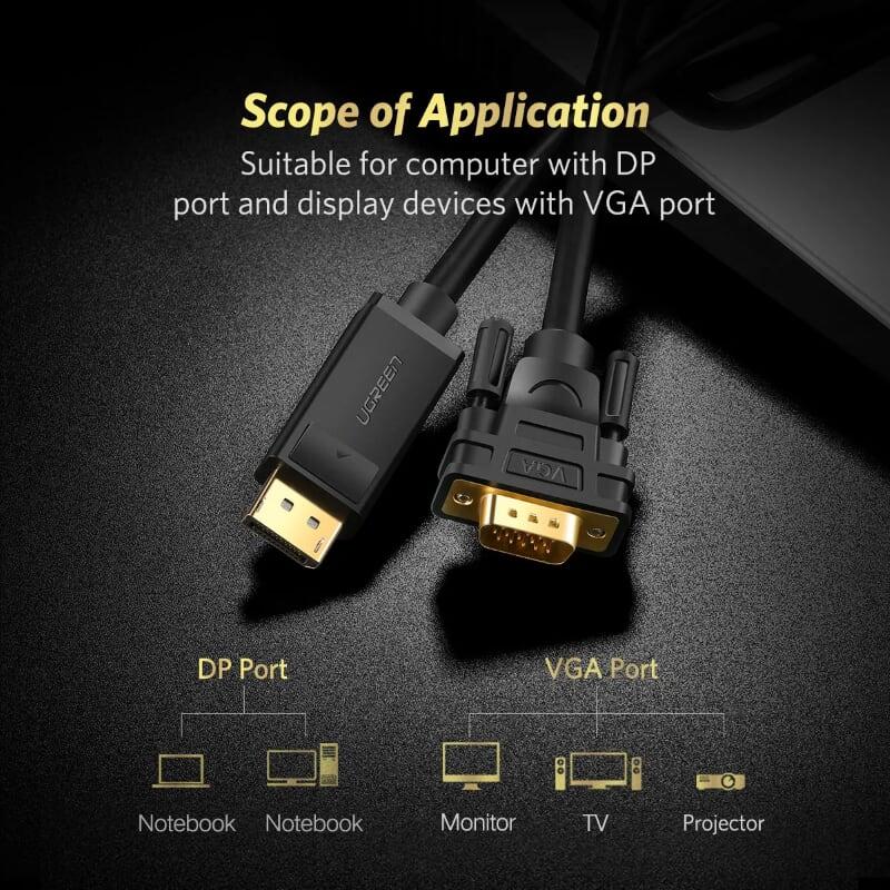 Ugreen UG10247DP105TK 1.5M màu Đen Cáp chuyển đổi DP sang VGA Hỗ trợ độ phân giải Full HD 1080P - HÀNG CHÍNH HÃNG