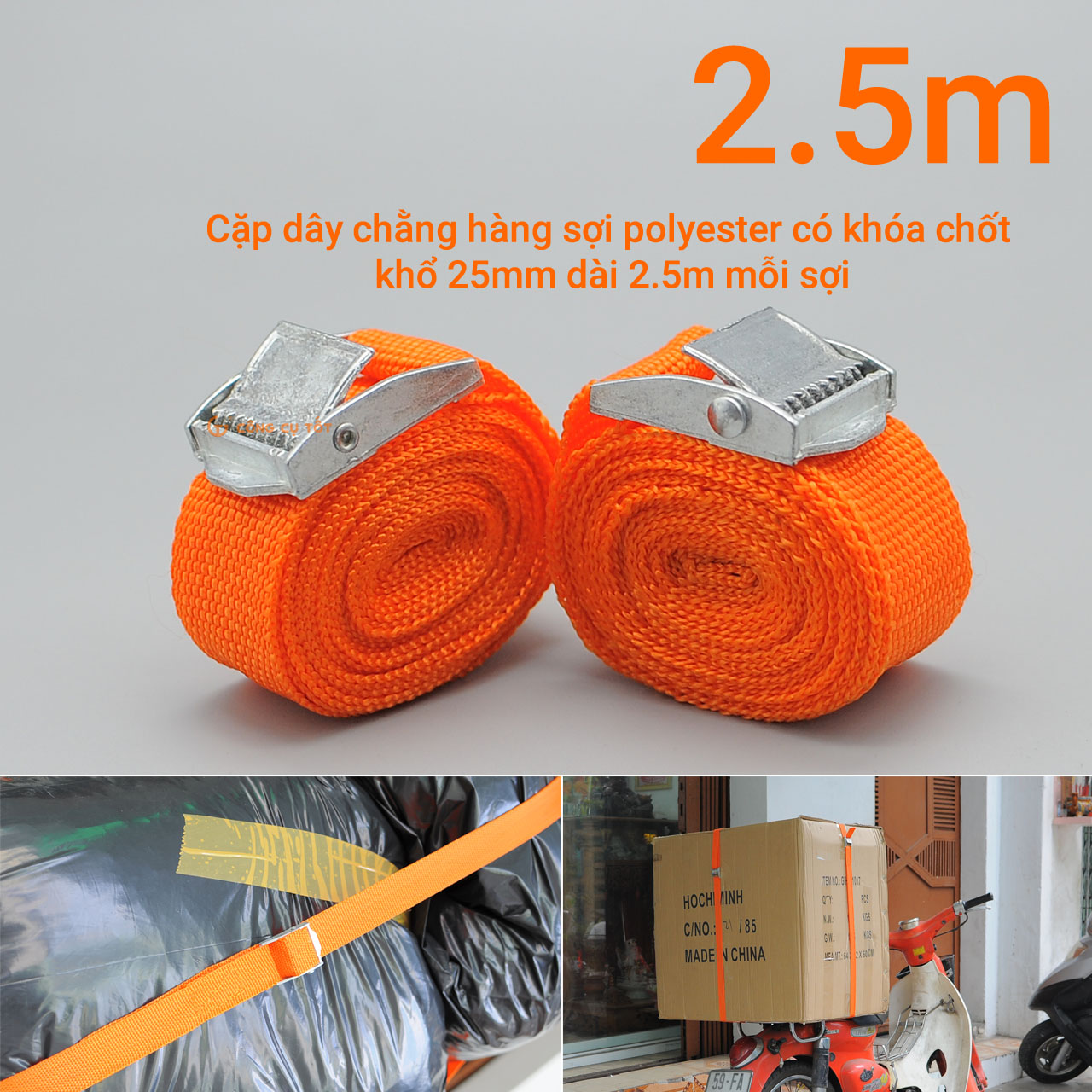 Cặp dây chằng hàng sợi polyester có khóa chốt khổ 25mm dài 2.5m mỗi sợi