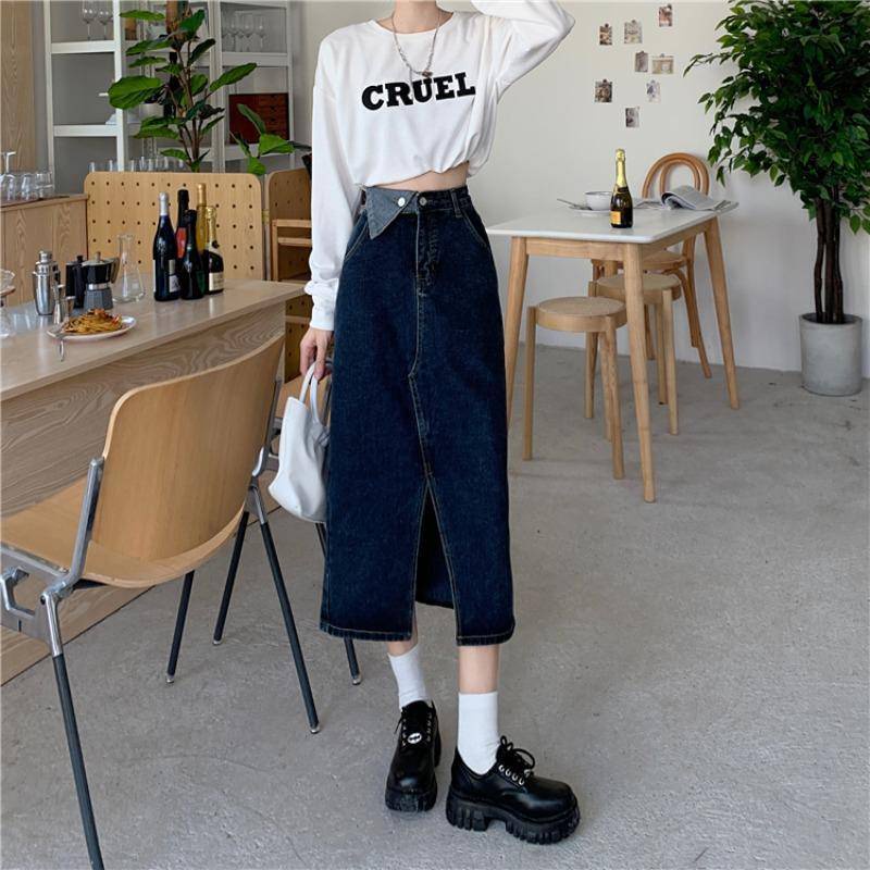 Chân Váy Jeans Cạp Tam Giác Dáng Dài Chữ A Xẻ Giữa