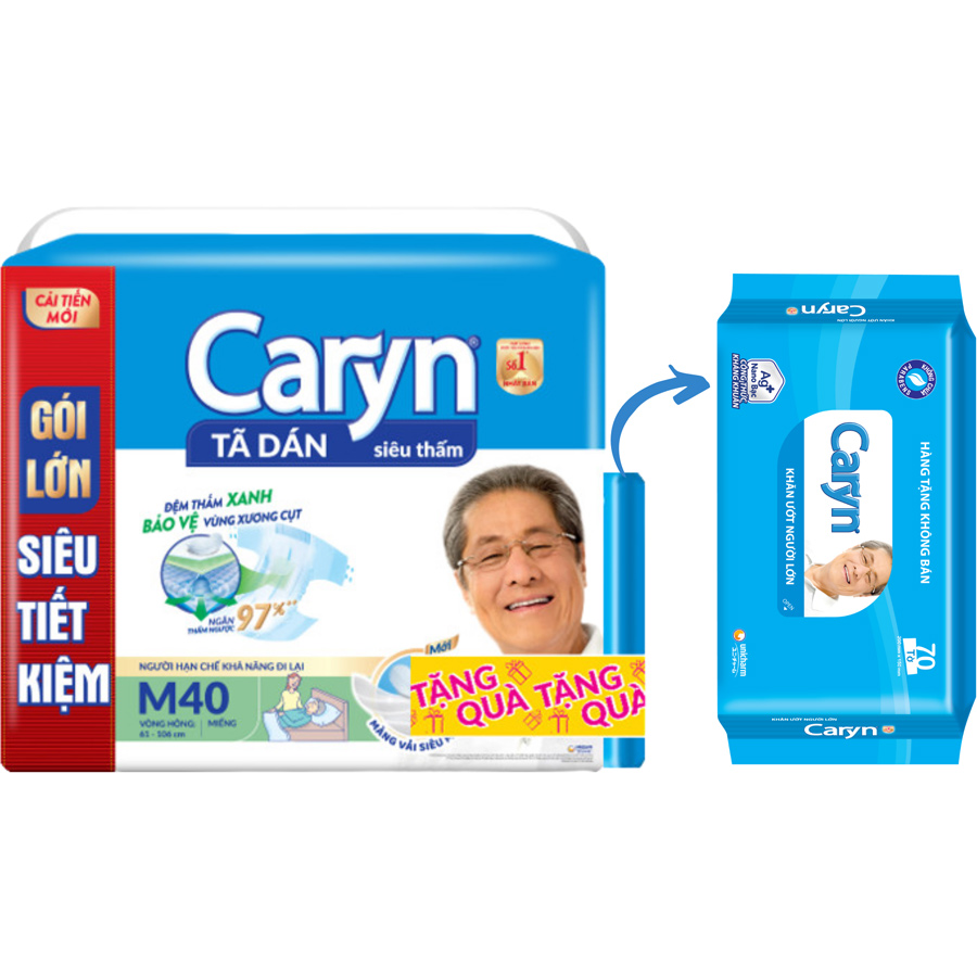 Tã Dán Siêu Thấm Caryn Gói Siêu Tiết Kiệm M40/L40 (40 Miếng) - Tặng gói khăn ướt Caryn 70 miếng