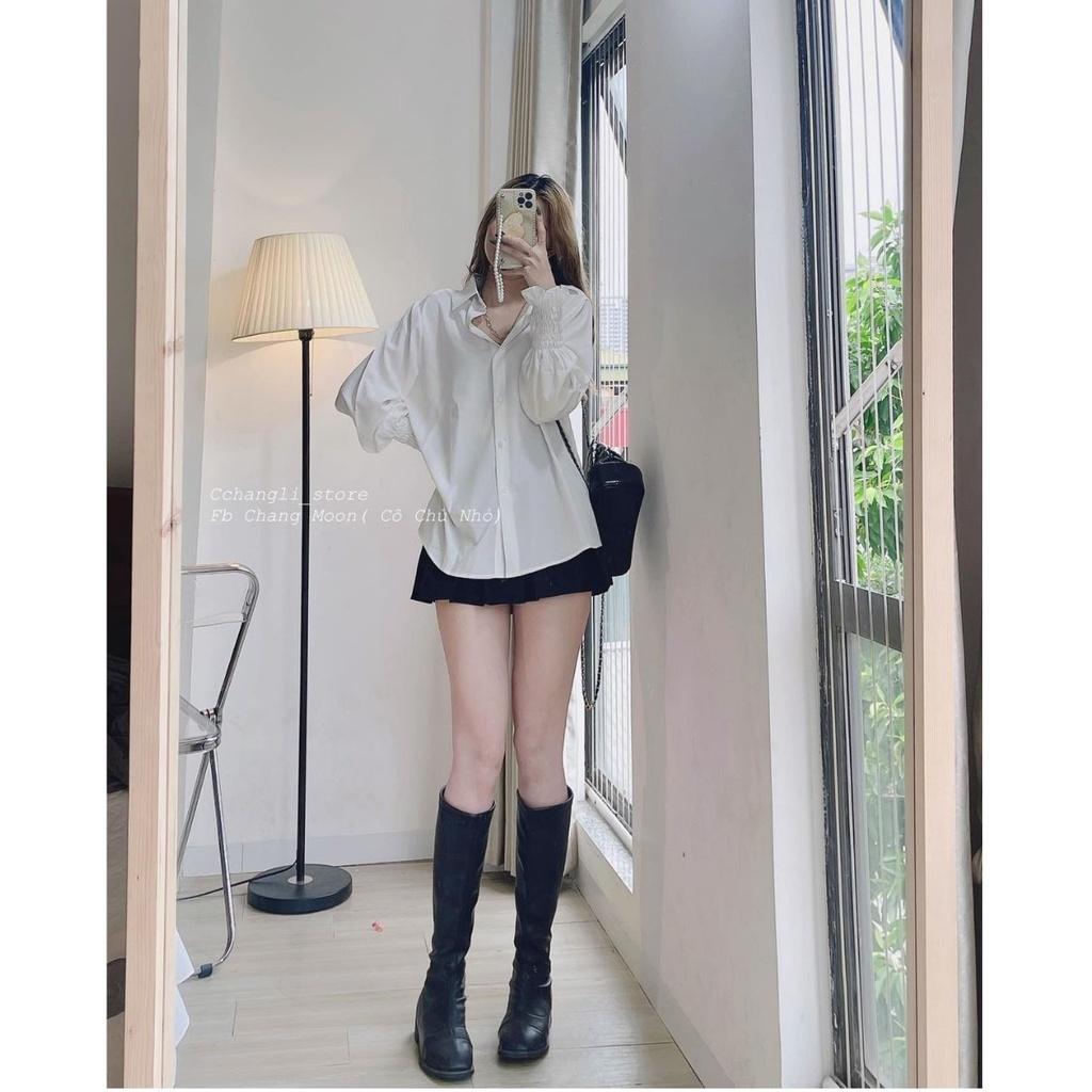 Áo Sơ Mi Nữ Trắng Trơn Dài Tay Chun Form Rộng Dáng Suông tại ThunderUniex Ulzzang Vintage Hàn Quốc Freesize