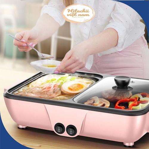 Bếp lẩu nướng 2 in 1 không khói chống dính, Bếp lẩu nướng đa năng mini bằng điện, Nồi lẩu nướng đa năng 2 in 1 Hàn Quốc